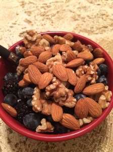 Almonds, walnuts, blackberries, blueberries, chia seeds, and oatmeal