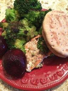 Wild Sockeye Salmon, beets, broccoli, wheat bread (and a lot of salt sprinkled over everything)
