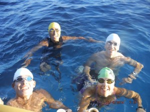 me, Keish, Gary, and Carla enjoying a mid-swim espresso