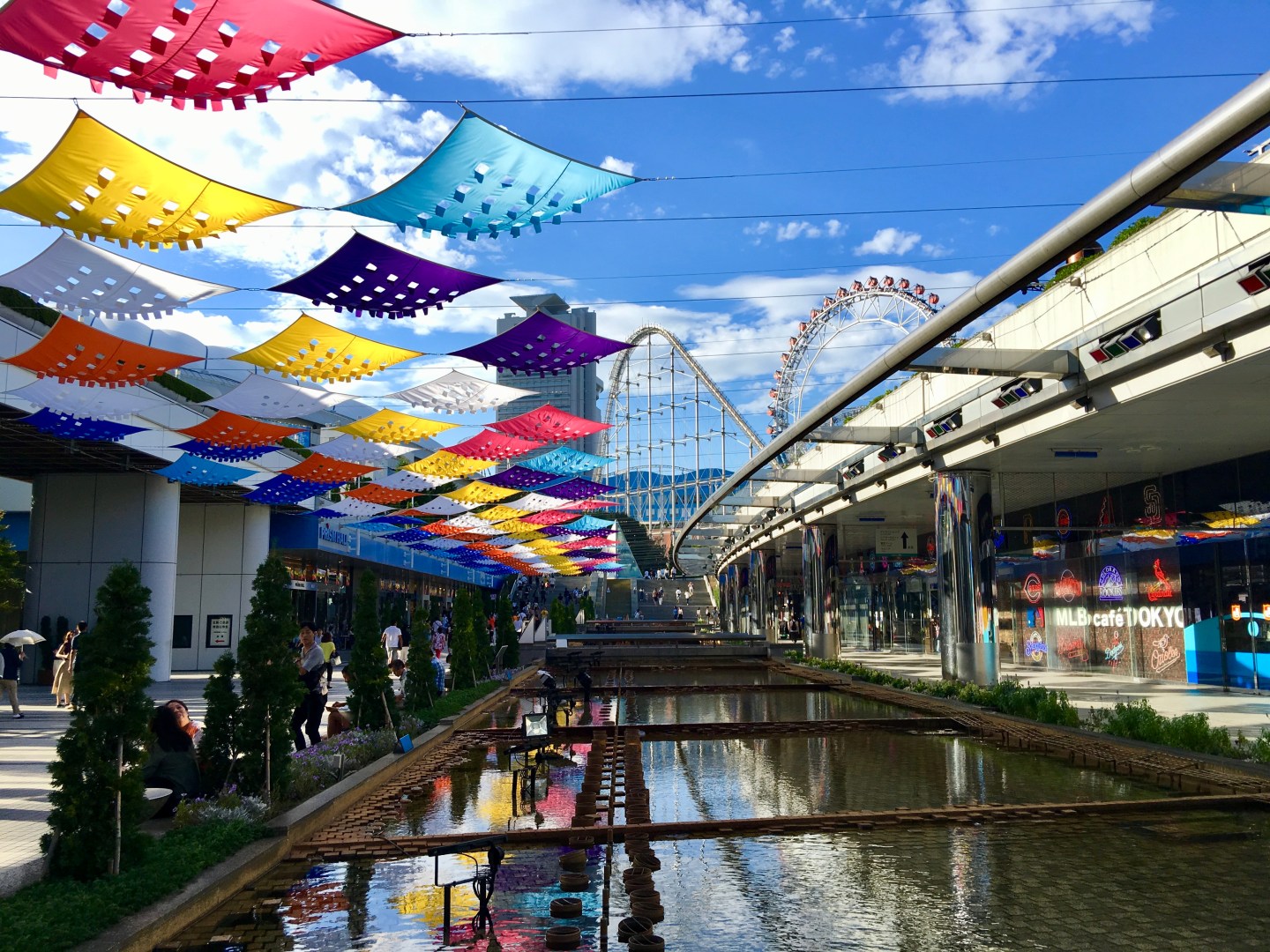 Flags, water, and roller coaster at Tokyo Dome